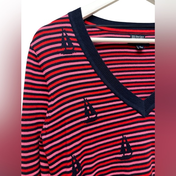 Tommy Hilfiger Women’s Nautical Striped V-Neck Sweater - Red Navy Pink Sz M NWOT - Picture 3 of 7